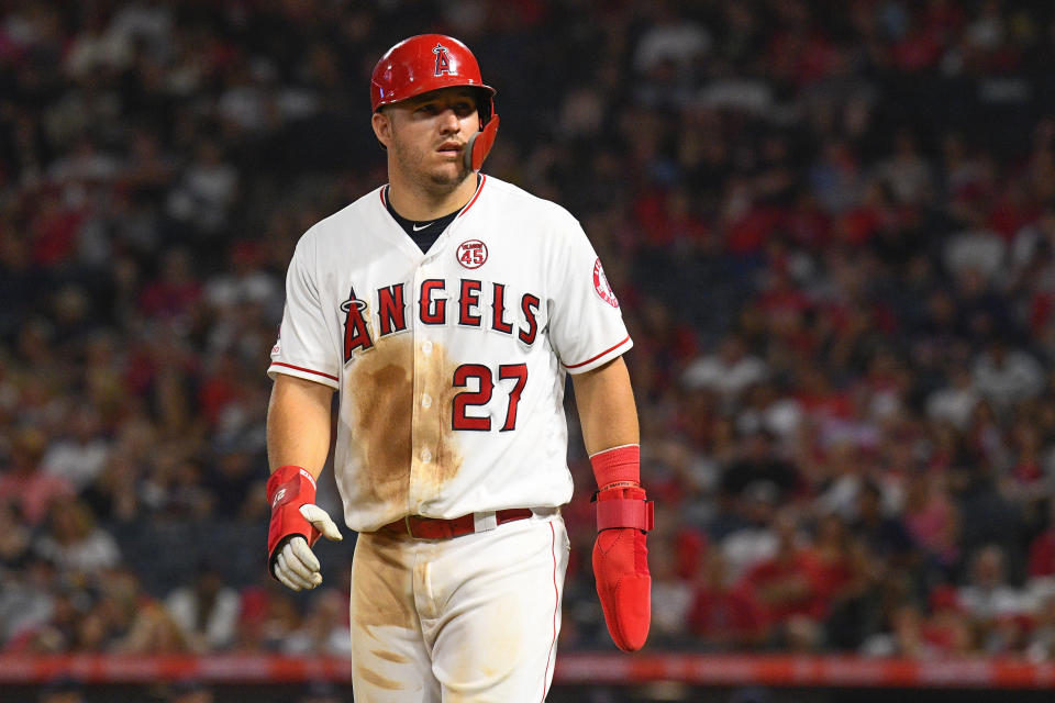 ANAHEIM, CA - AUGUST 31: Los Angeles Angels center fielder Mike Trout (27) looks on during a MLB game between the Boston Red Sox and the Los Angeles Angels of Anaheim on August 31, 2019 at Angel Stadium of Anaheim in Anaheim, CA. (Photo by Brian Rothmuller/Icon Sportswire via Getty Images)