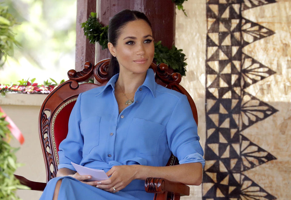 Meghan, Duchess of Sussex talks with students during a visit to Tupou College in Tonga on Oct. 26, 2018. (Kirsty Wigglesworth / Pool via Getty Images file)