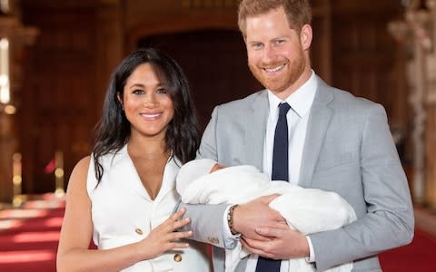 The proud moment the Duke and Duchess of Sussex present their newborn baby son to the world - Credit: Dominic Lipinski/PA Wire