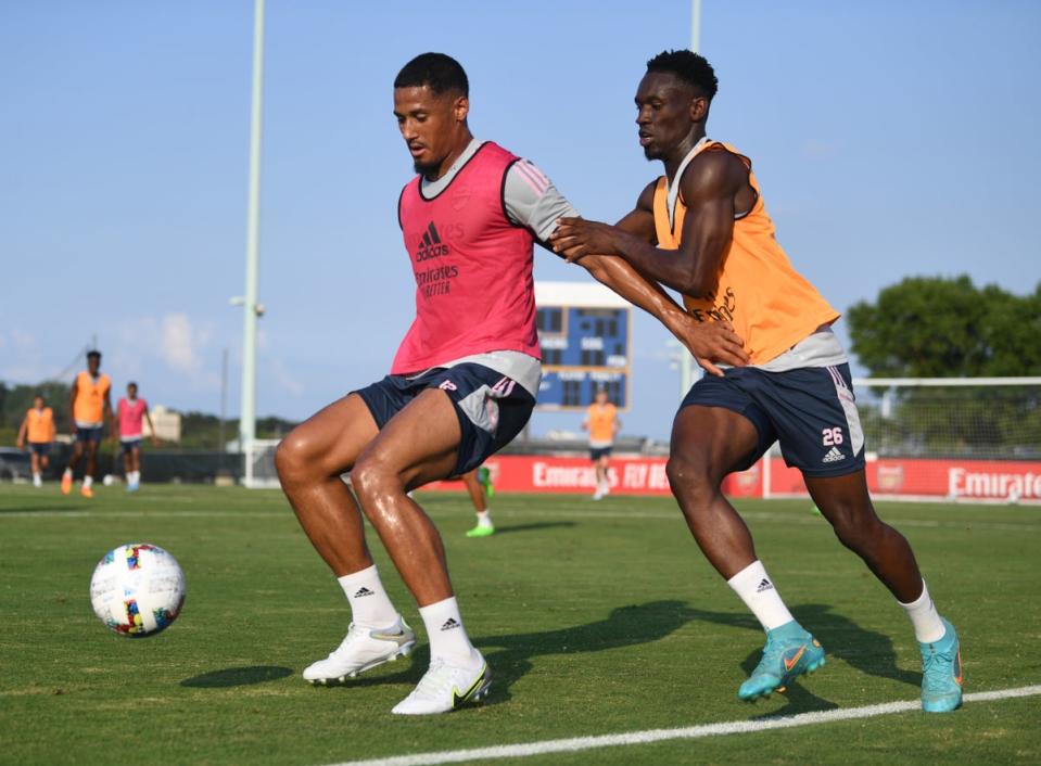 William Saliba and Flo Balogun of Arsenal during a training session on July 15, 2022 in Annapolis, Maryland. (Arsenal FC via Getty Images)