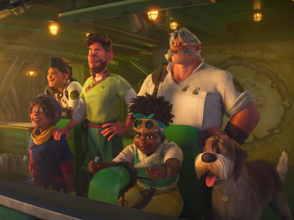 five people in the animated film "strange world," standing at the helm of the ship while a woman pilots it at the wheel