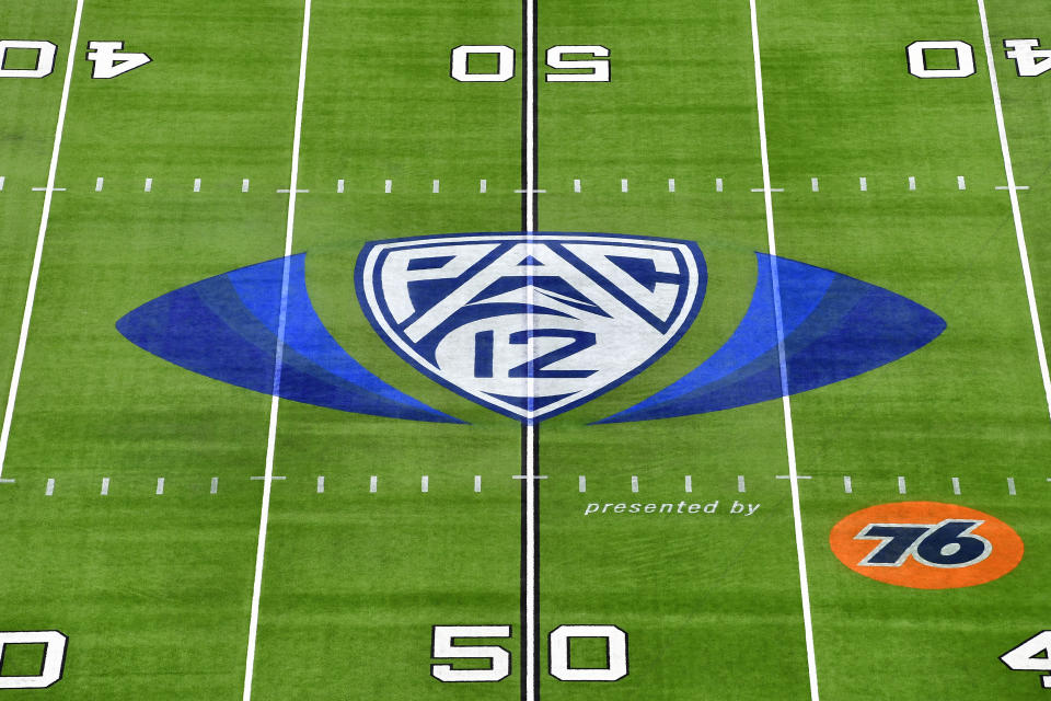 LAS VEGAS, NEVADA - DECEMBER 03: A general view of the PAC-12 logo at midfield before the PAC-12 Football Championship football game between the Oregon Ducks and the Utah Utes at Allegiant Stadium on December 03, 2021 in Las Vegas, Nevada. (Photo by Alika Jenner/Getty Images)