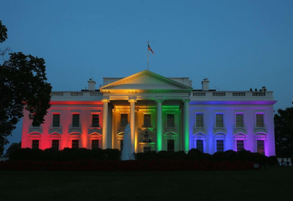 <div class="inline-image__caption"><p>Rainbow-colored lights shine on the White House to celebrate today's US Supreme Court ruling in favor of same-sex marriage June 26, 2015 in Washington, DC. Today the high court ruled 5-4 that the Constitution guarantees a right to same-sex marriage in all 50 states.</p></div> <div class="inline-image__credit">Mark Wilson/Getty</div>