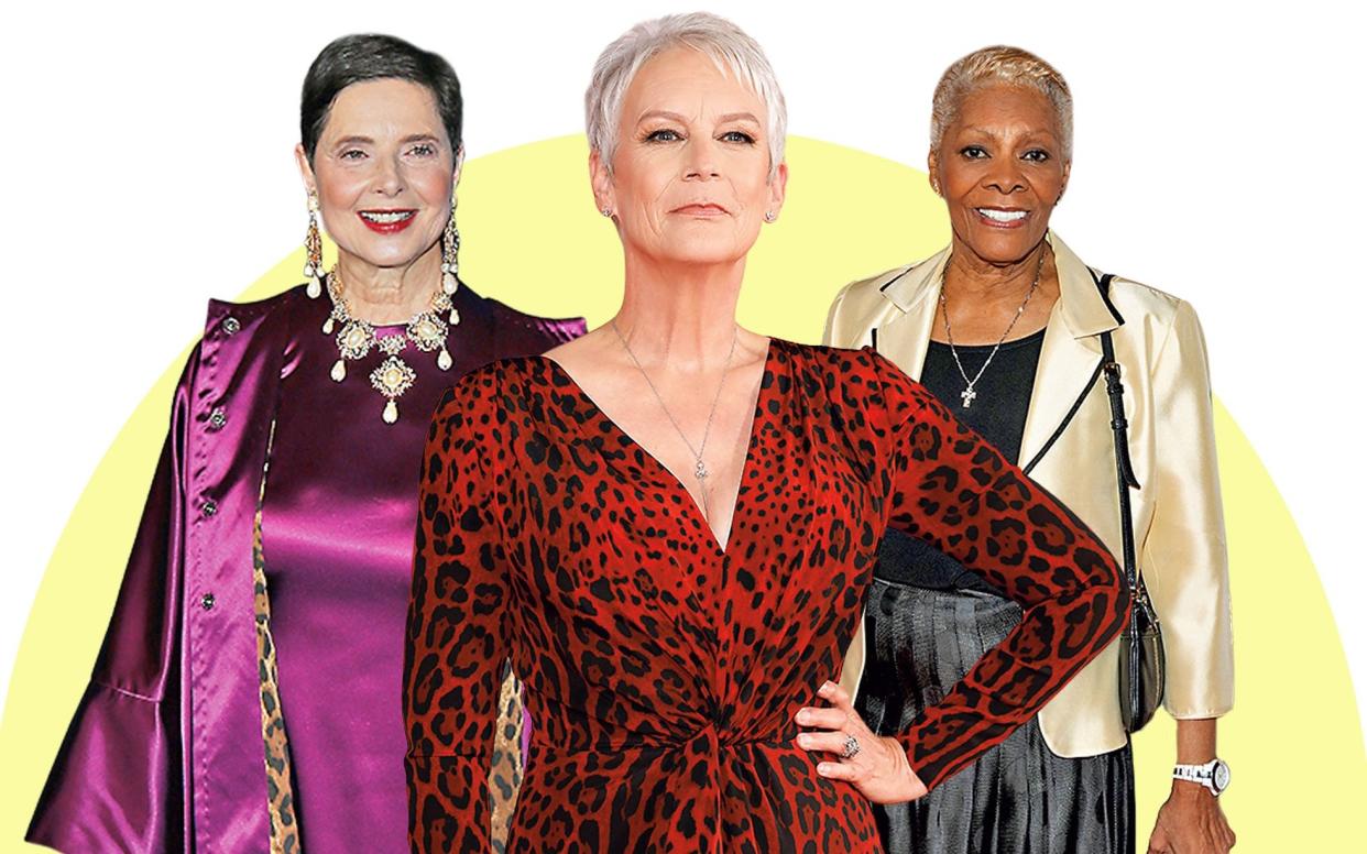 Top of the crops: Isabella Rossellini; Jamie Lee Curtis’s silver-grey style; and Dionne Warwick's golden cropped do - Getty Images 