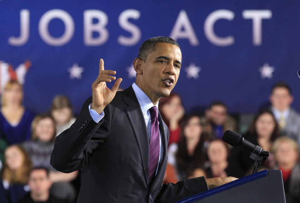U.S. President Obama delivers remarks on the American Jobs Act at Manchester High School Central in Manchester