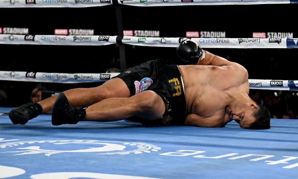 Junior Fa, pictured here being knocked down in the opening round by Lucas Browne.