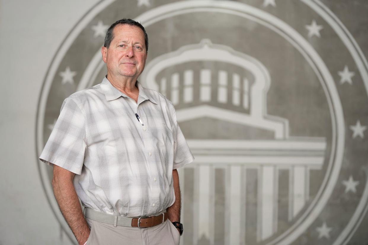 August 31, 2022; Columbus, Ohio, USA; David DeLapa, a survivor of Boy Scout sex abuse, was photographed by the Statehouse in downtown Columbus.Mandatory Credit: Barbara J. Perenic/Columbus Dispatch