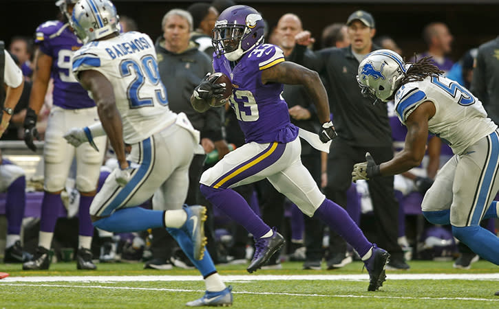 Nov 6, 2016; Minneapolis, MN, USA; Minnesota Vikings running back Ronnie Hillman (33) catches a pass against the Detroit Lions in the fourth quarter at U.S. Bank Stadium. The Lions won 22-16 in overtime.