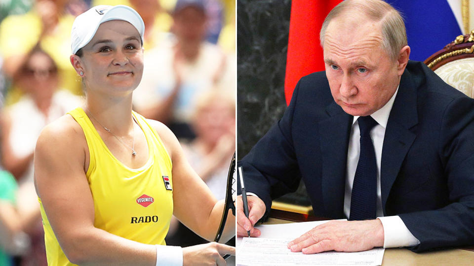 Pictured left is Australian tennis star Ash Barty alongside a photo of Russian President Vladimir Putin.