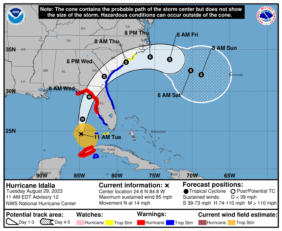 The projected cone from the 11 a.m. weather advisory about Hurricane Idalia.