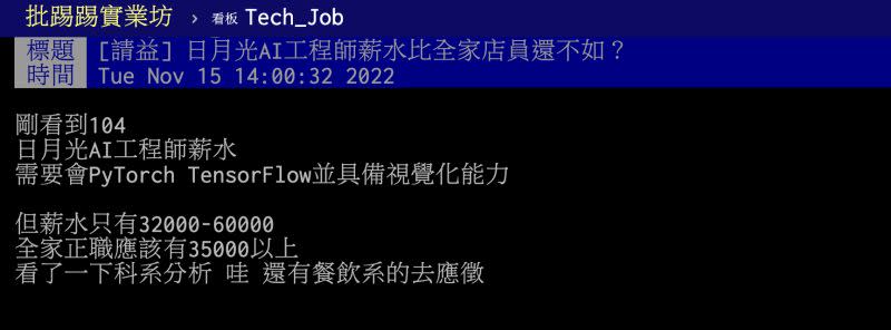 ▲原PO看到日月光在104人力銀行徵AI工程師，薪水落在32K到60K。（圖／翻攝自PTT）