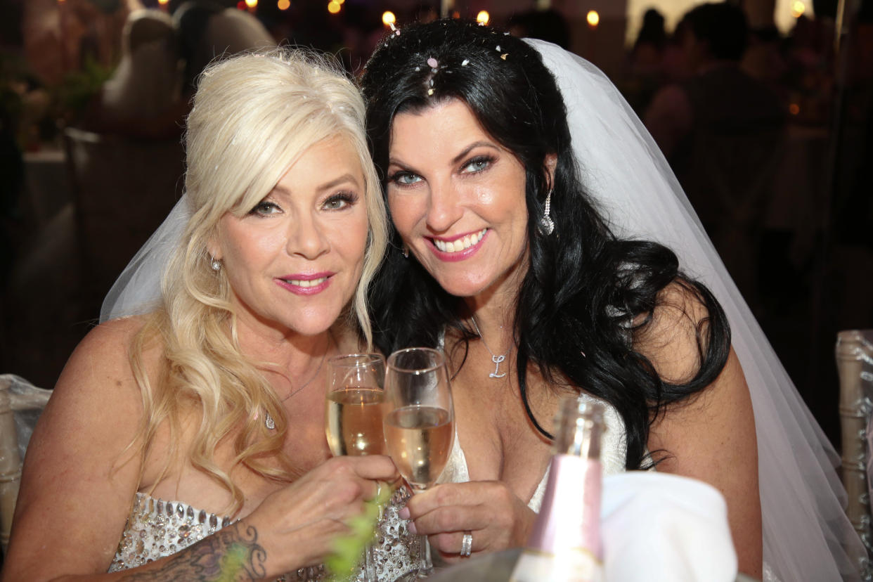 LONDON, ENGLAND - JUNE 18: Samantha Fox and Linda Birgitte Olsen marry at King's Oak Hotel, Loughton, on June 18, 2022 in London, England. Diamond wedding rings by Rankins, Flowers by Warren Bushaway - London event florist, Cake by Becky Carter,  Cars by JM wedding taxies, Make up artist - Gary Cockerill and Chocolate by Paul Wayne Gregory.(Photo by Keith Curtis for Agent Fox Media via Getty Images )