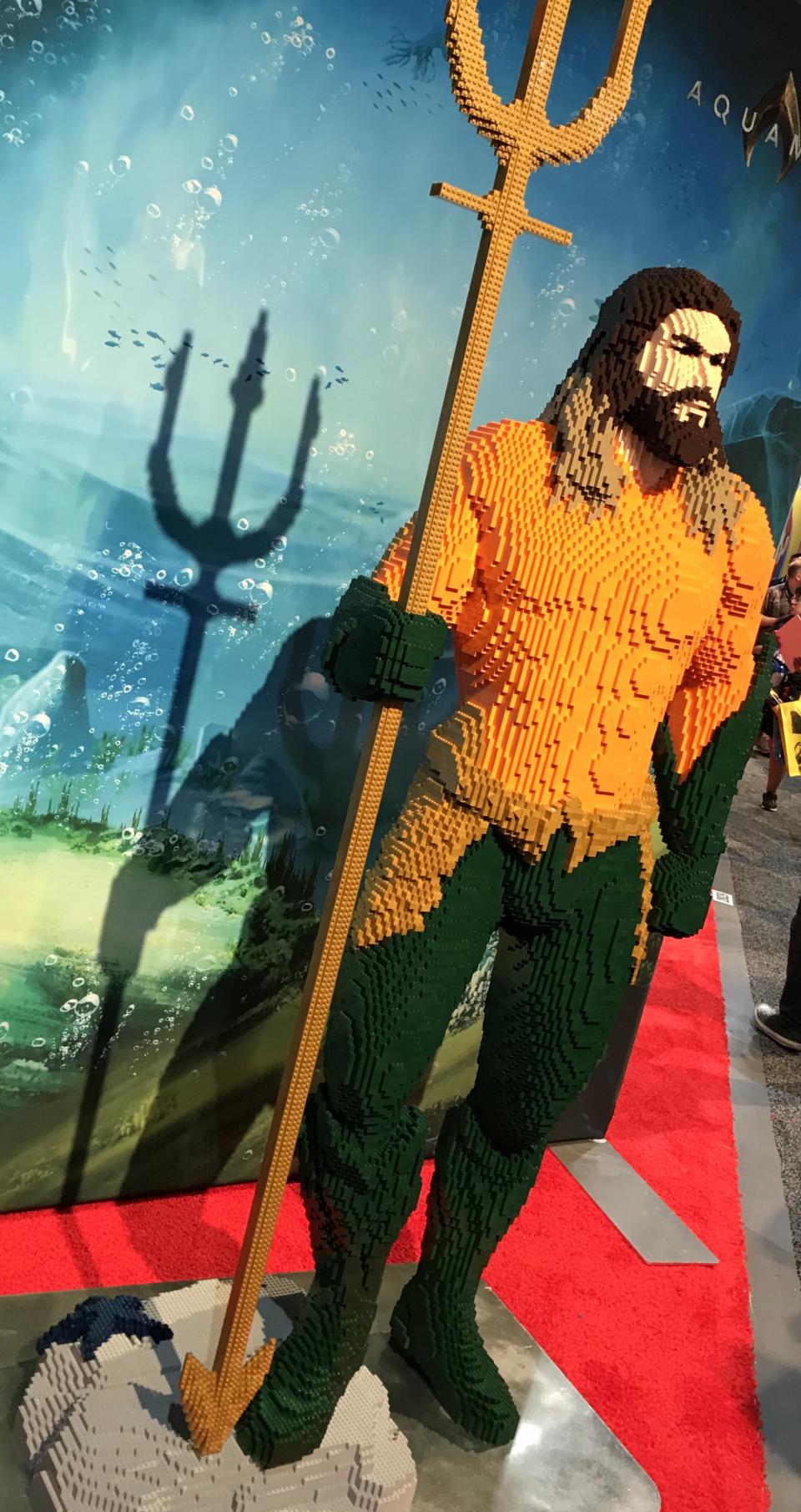 Lego’s Comic-Con booth featured a life-sized brick version of Momoa in the hero’s classic suit, complete with trident. (Photo: Marcus Errico/Yahoo Entertainment)