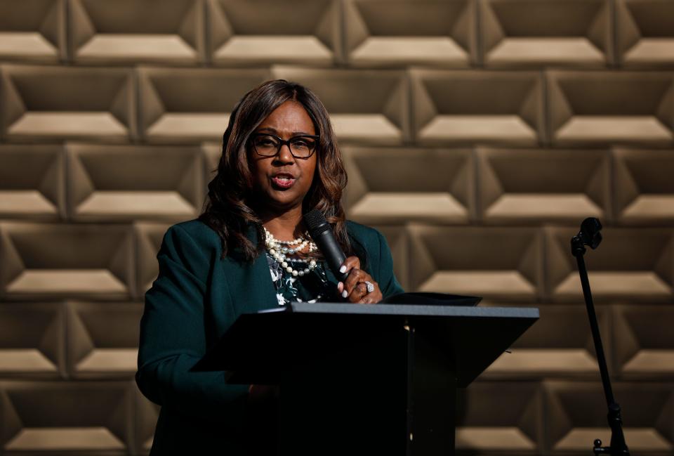 Superintendent Grenita Lathan spoke Wednesday at ribbon-cutting ceremony for the AgAcademy, the district's newest magnet school.