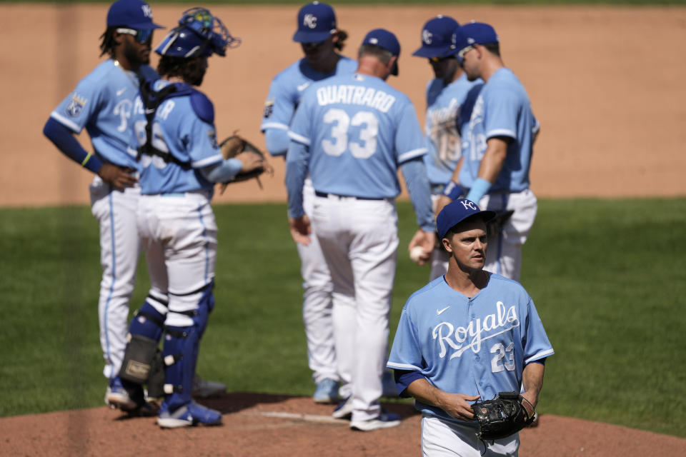 Kansas City Royals starting pitcher Zack Greinke walks to the dugout during a pitching change in the fourth inning of a baseball game against the Cleveland Guardians Wednesday, Sept. 20, 2023, in Kansas City, Mo. (AP Photo/Charlie Riedel)