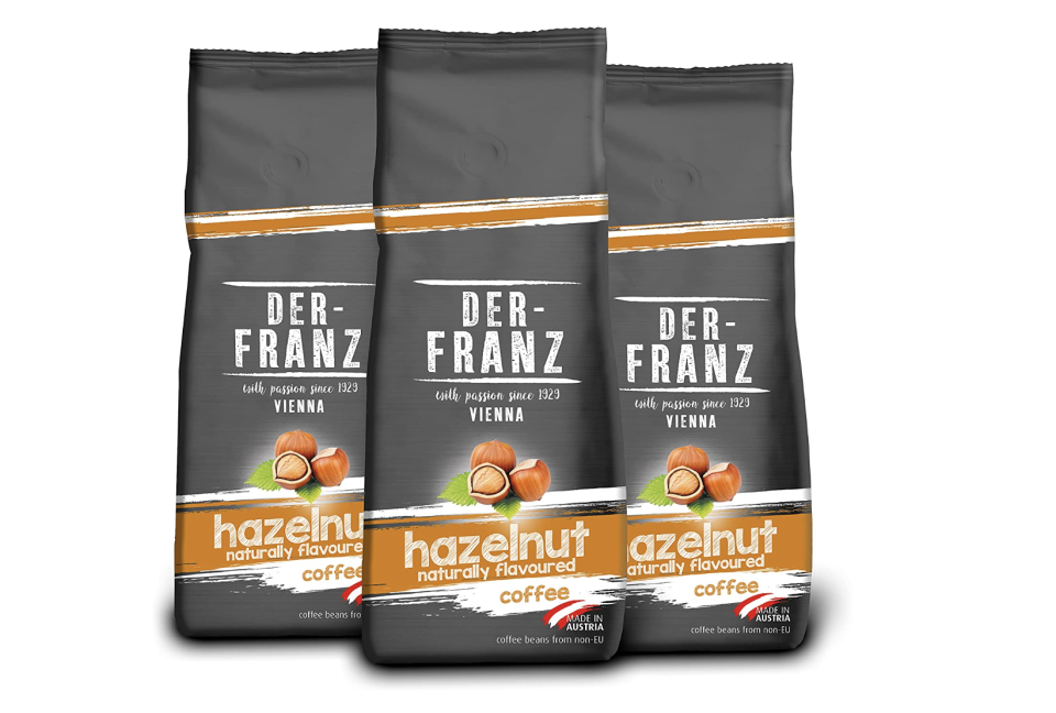 Der-Franz Kaffee, Mischung aus Arabica und Robusta, geröstet, ganze Bohne aromatisiert mit natürlicher Haselnuss (Bild: Amazon)