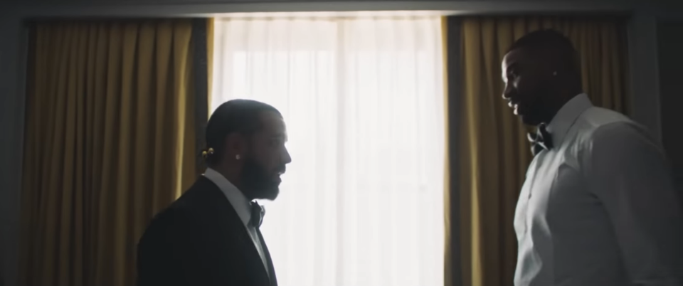 Drake and Tristan Thompson in Drake's "Falling Back" music video.