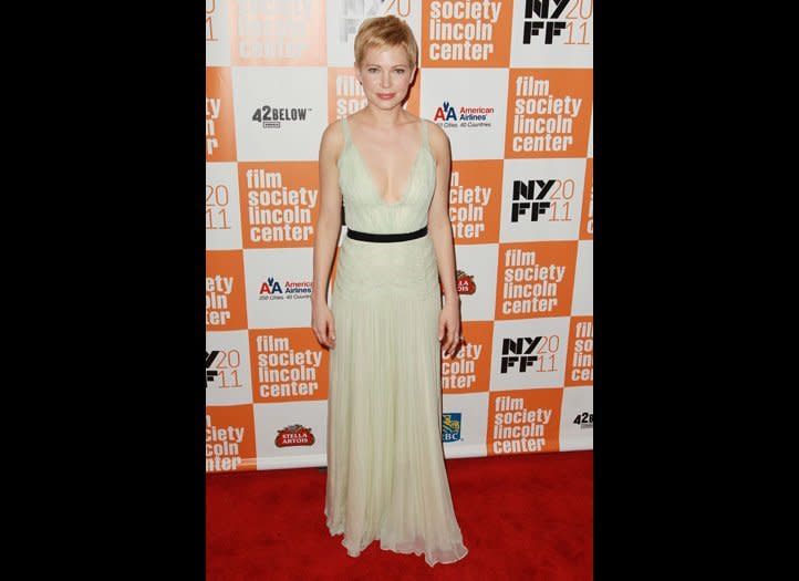 New York Film Festival premiere of My Week With Marilyn, 2011  The star steers away from her traditional high-necked red carpet formula and opts for a plunge-neck Dior dress on the red carpet - perhaps playing Marilyn has had its influence on the star's real-life wardrobe?