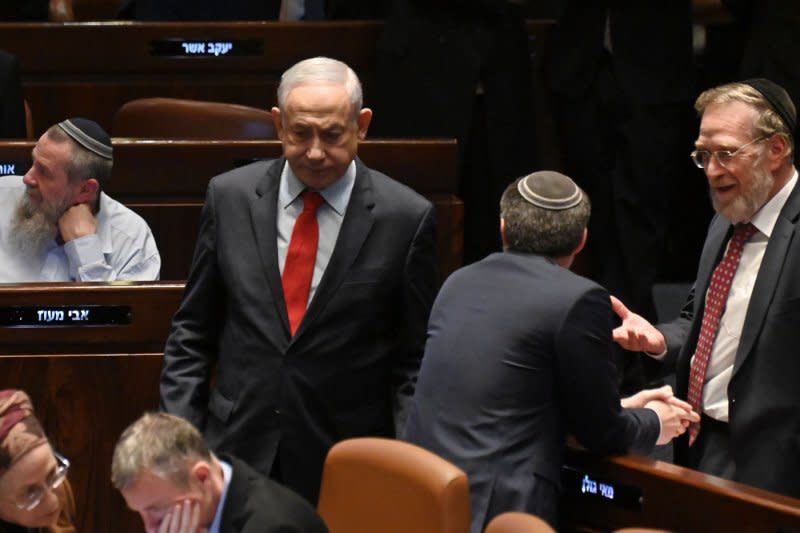 Israeli Prime Minister Benjamin Netanyahu arrives in the Knesset, Jerusalem, in March. Netanyahu has been under ICC investigation since 2014 and Israel's 50-day conflict with Hamas in Gaza. Photo by Debbie Hill/ UPI
