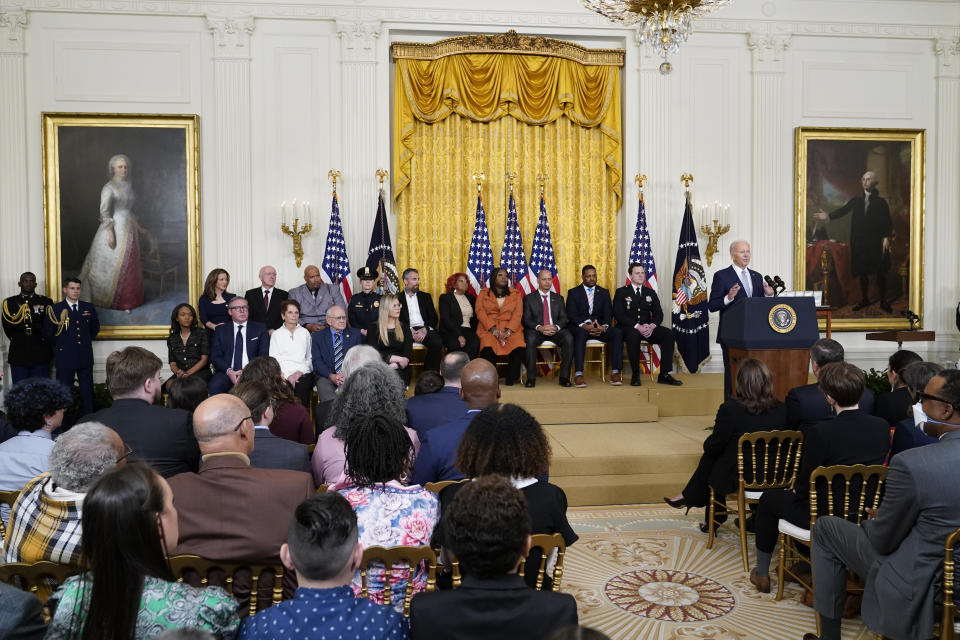 President Joe Biden speaks in the East Room of the White House in Washington, Friday, Jan. 6, 2023, during a ceremony to mark the second anniversary of the Jan. 6 assault on the Capitol and to award Presidential Citizens Medals to state and local officials, election workers and police officers for their "exemplary deeds of service for their country or their fellow citizens" in upholding the results of the 2020 election and fighting back the Capitol mob. (AP Photo/Patrick Semansky)