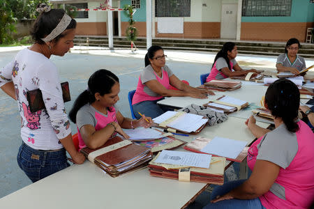 Teachers organize students' files on the first day of school, in Caucagua, Venezuela September 17, 2018. REUTERS/Marco Bello