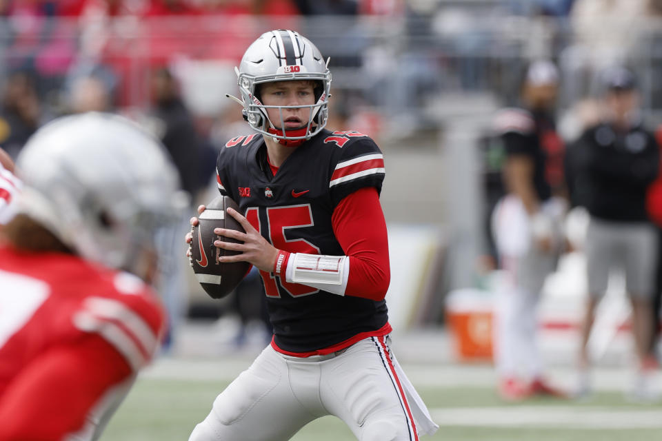 FILE -Ohio State quarterback Devin Brown plays in an NCAA college spring football game Saturday, April 16, 2022, in Columbus, Ohio. Devin Brown will get his first career start in the Cotton Bowl on Friday, Dec. 29, 2023. He will be the first Ohio State quarterback to make his first start in a bowl game.(AP Photo/Jay LaPrete, File)