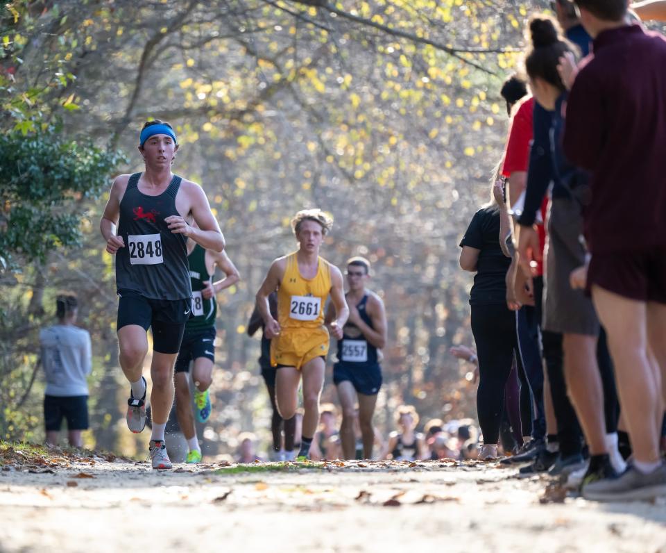 St. Andrews' Peter Bird (left) runs toward a fifth place finish in the DIAA 2022 Cross Country Boy’s Division II Championship at Killens Pond State Park in Felton, Del.