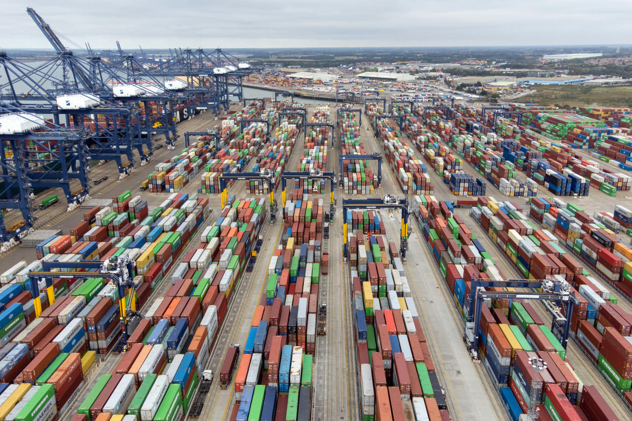 Thousands of shipping containers at the Port of Felixstowe in Suffolk, as shipping giant Maersk has said it is diverting vessels away from UK ports to unload elsewhere in Europe because of a build-up of cargo. Picture date: Wednesday October 13, 2021. (Photo by Joe Giddens/PA Images via Getty Images)