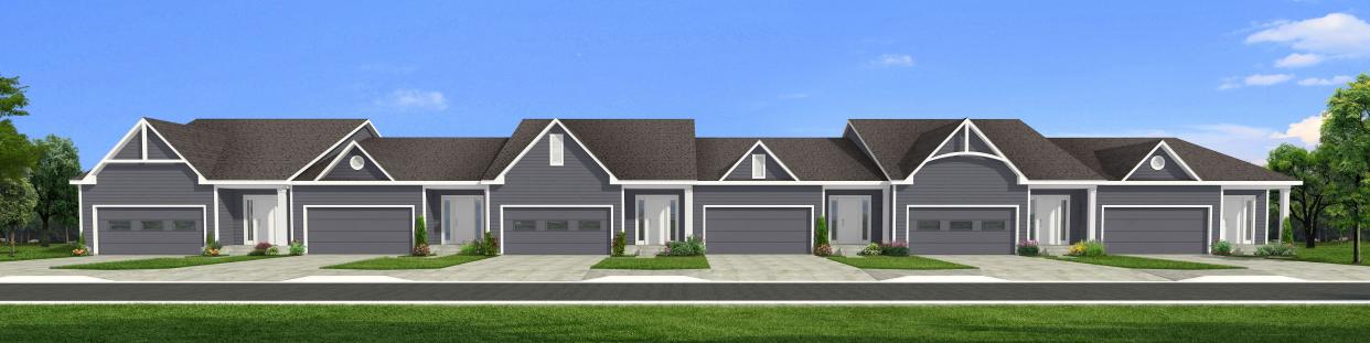 An architectural rendering shows what attached one-story, townhome-style apartments planned for the proposed Heritage Square in Howell Township would look like. Township officials approved revised plans Monday, Feb. 13, 2023.
