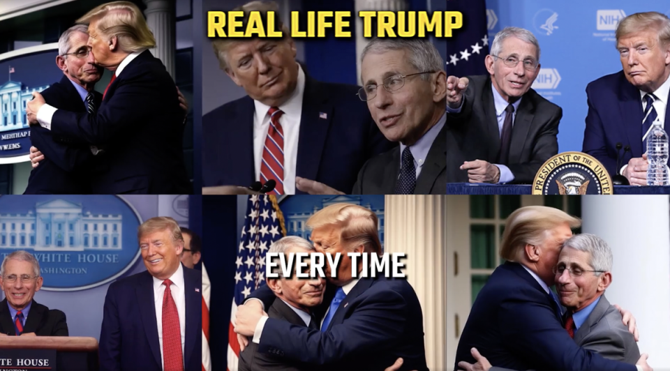 An ad from the Ron DeSantis campaign that purportedly features fake AI images of former President Donald Trump and former NIAID director Anthony Fauci (Twitter/@DeSantisWarRoom)