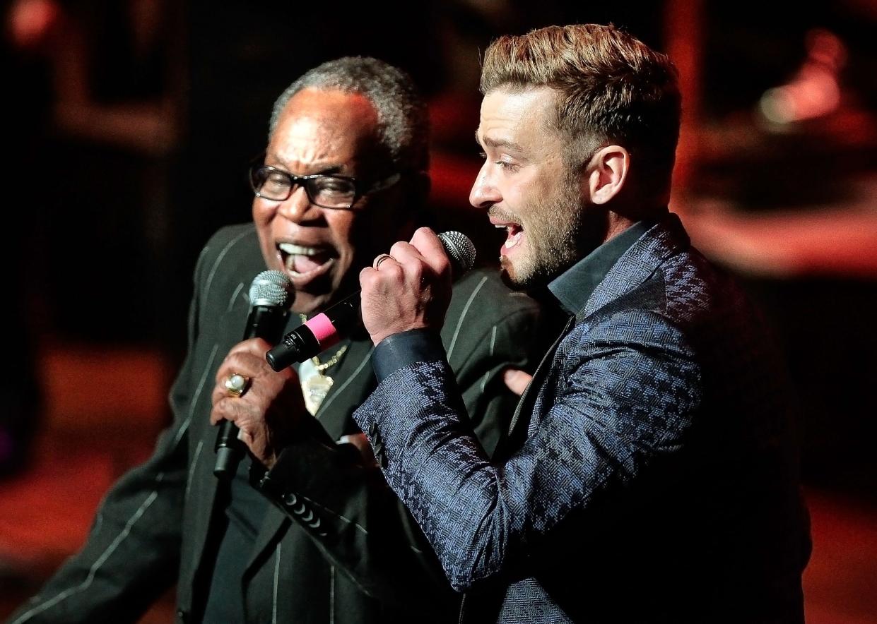 Pop star Justin Timberlake performs with Sam Moore during the finale of the annual Memphis Music Hall of Fame ceremony on Oct. 18, 2015. The fourth edition of the annual event saw seven legends of local music -- Scotty Moore, Sam & Dave, Al Jackson Jr., Charlie Rich, Memphis Slim, Alberta Hunter and Timberlake -- join as the hall's fourth class.