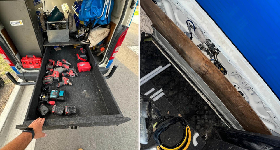 Left: Shannon Powell's power tools inside work van. 