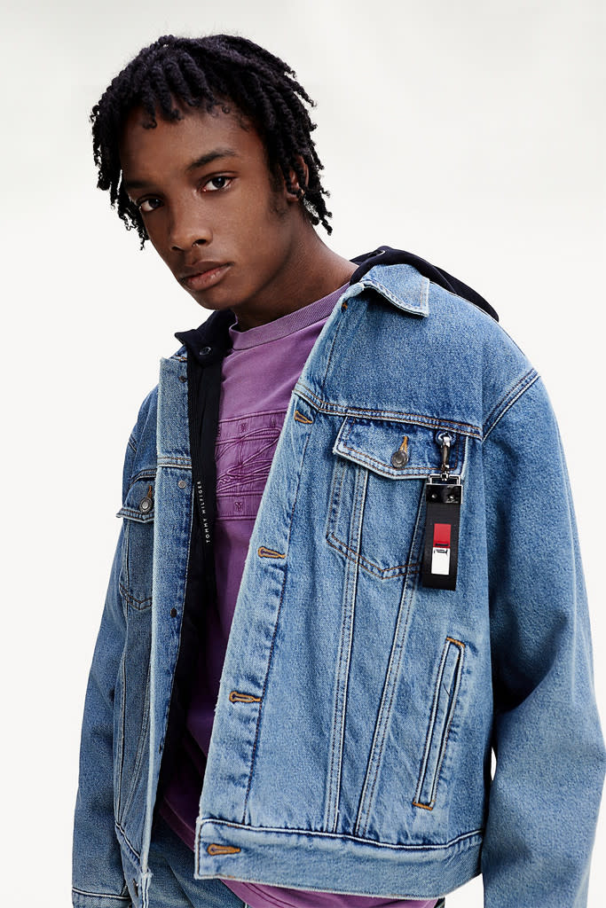 tommy x lewis, Tommy x Lewis Organic Cotton Globe Sweater. recycled denim jacket