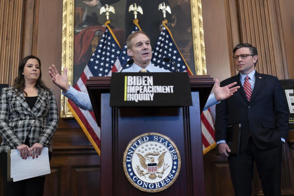 House Judiciary Committee Chairman Jim Jordan, R-Ohio, center, flanked by Republican Conference Chair Elise Stefanik, R-N.Y., and Speaker of the House Mike Johnson, R-La., talks with reporters about efforts to investigate President Joe Biden and his son Hunter Biden, at the Capitol in Washington, Wednesday, Nov. 29, 2023.&nbsp;