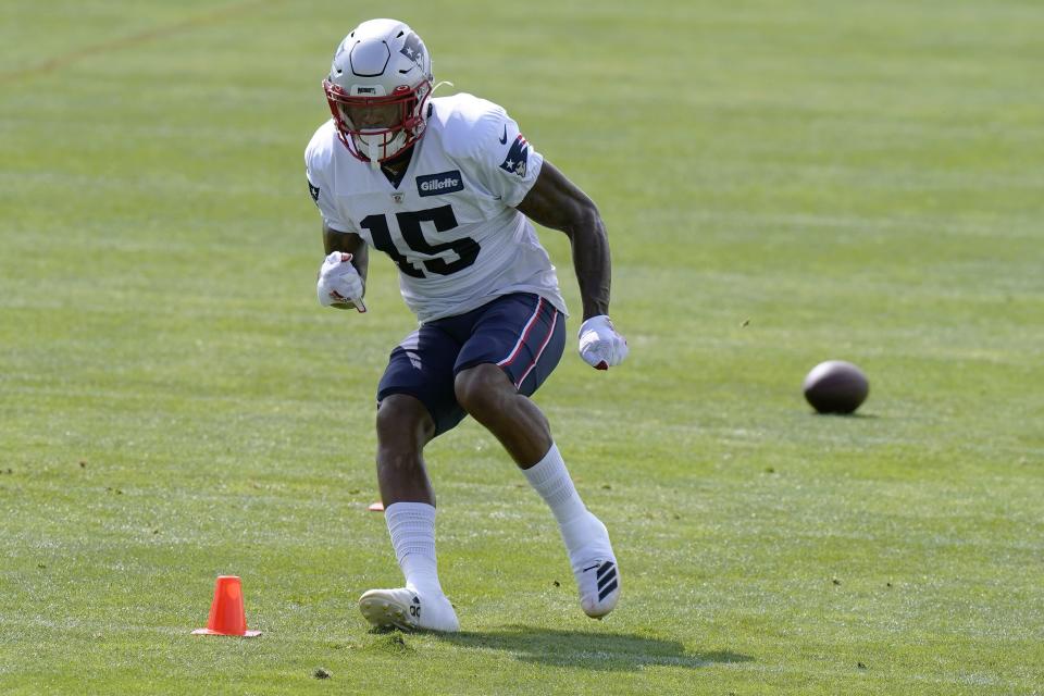 New England Patriots wide receiver N'Keal Harry runs a drill during an NFL football training camp practice, Monday, Aug. 24, 2020, in Foxborough, Mass. (AP Photo/Steven Senne, Pool)