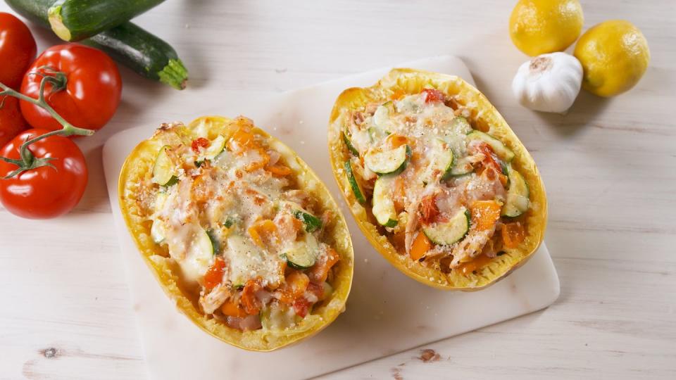 Chicken Primavera Spaghetti Squash Boats