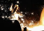 A worker controls a tapping of a blast furnace at Europe's largest steel factory of Germany's industrial conglomerate ThyssenKrupp AG in the western German city of Duisburg in this December 6, 2012 file picture. In recent weeks, the economy that proud German politicians have taken to describing as a "growth locomotive" and "stability anchor" for Europe, has been hit by a barrage of bad news that has surprised even the most ardent Germany sceptics. The big shocker came on August 14, 2014, when the Federal Statistics Office revealed that gross domestic product (GDP) had contracted by 0.2 percent in the second quarter. Picture taken December 6, 2012. TO MATCH STORY GERMANY-ECONOMY/ REUTERS/Ina Fassbender/Files (GERMANY - Tags: BUSINESS INDUSTRIAL)