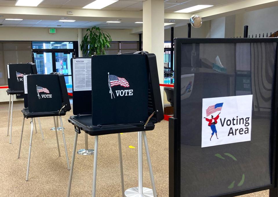 Voting booths have been set up at the Shasta County Clerk and Elections office in downtown Redding on Nov. 3, 2023.