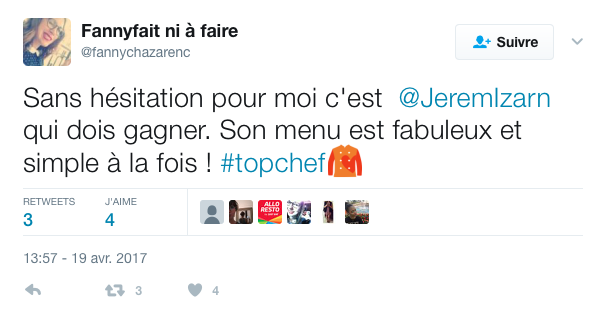 Le chef Piège loue le menu de Jérémie