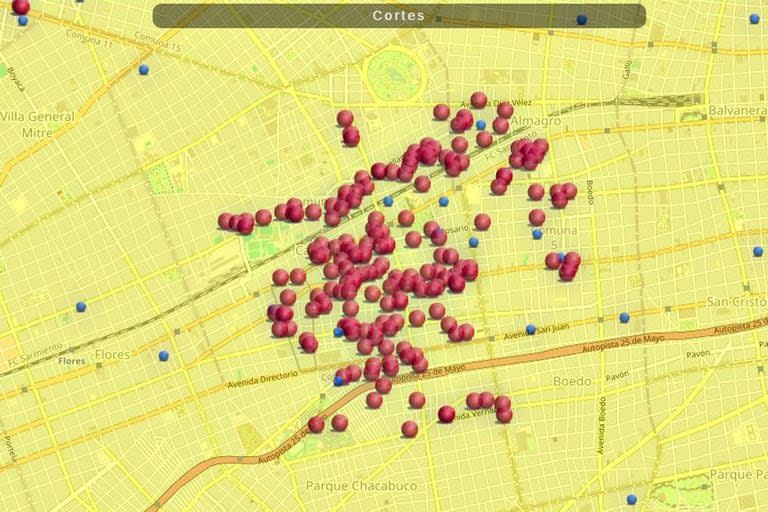 Mapa de los cortes de energía en Caballito