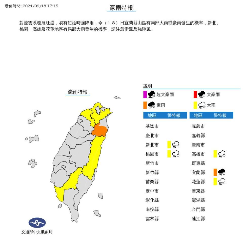 快新聞／中秋出遊注意！ 午後對流雨彈來襲　6縣市豪大雨特報