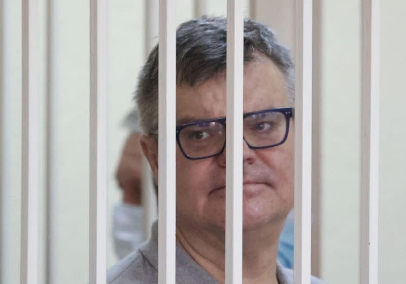 Former Belarusian presidential contender Viktor Babariko attends a court hearing in Minsk