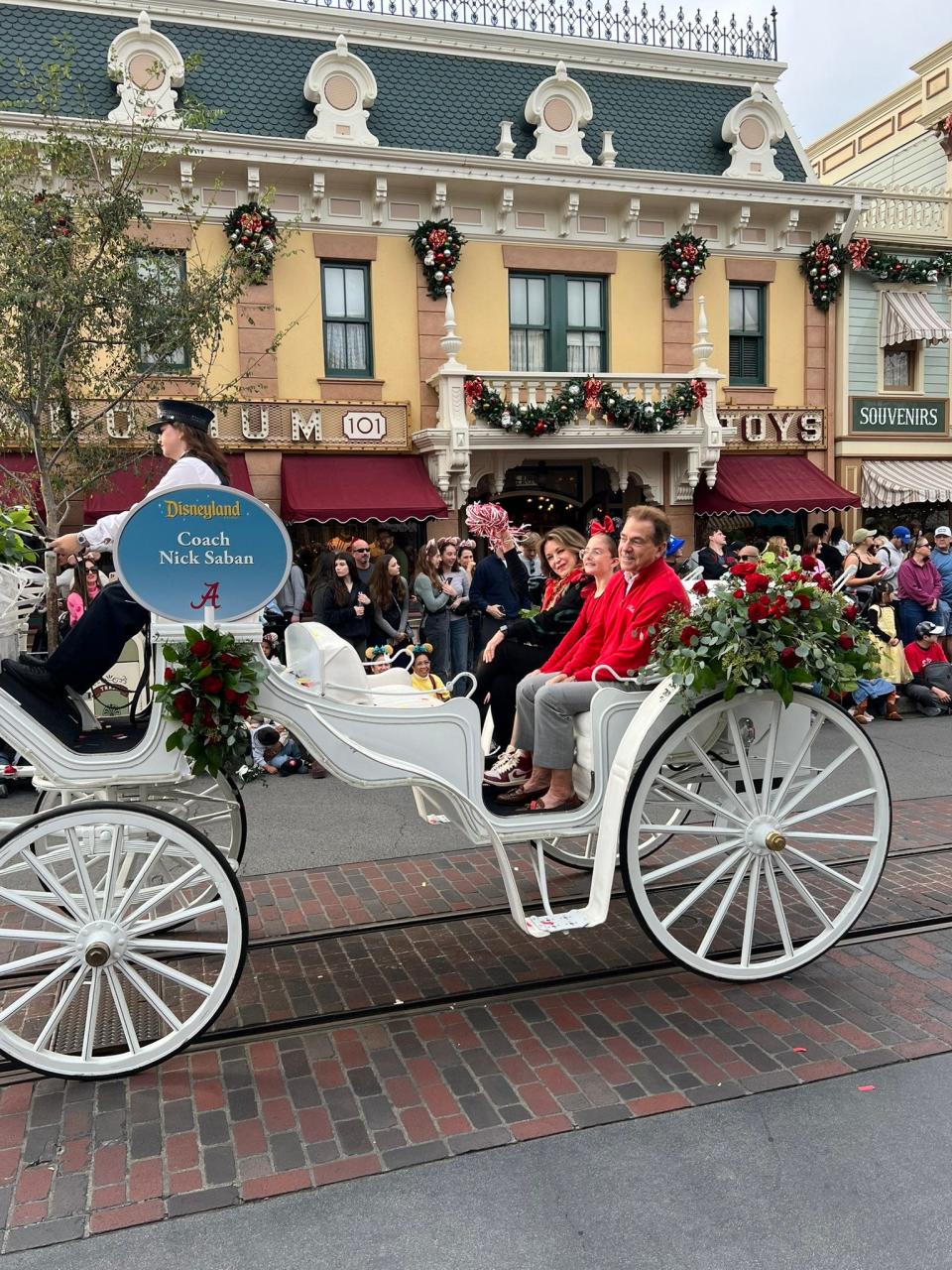 Alabama coach Nick Saban rides during the welcoming parade for the Rose Bowl on Wednesday, Dec. 27, 2023, at Disneyland in Anaheim, California.