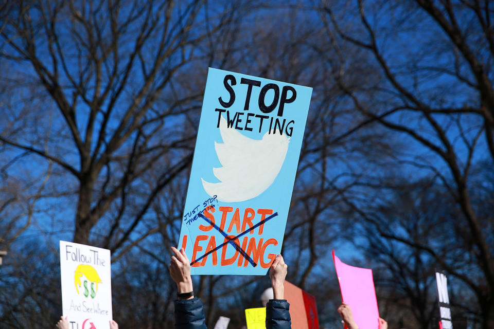 <p>A protester holds up a sign addressing President Trump’s constant use of his Twitter account at the “Not My President’s Day” rally at Central Park West in New York City on Feb. 20, 2017. (Gordon Donovan/Yahoo News) </p>