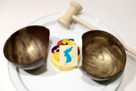 A dessert which will be served at the inter-Korean summit banquet is seen in this handout provided by the Presidential Blue House on April 24, 2018. The Presidential Blue House/Handout via REUTERS