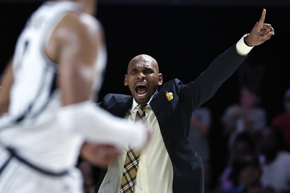 Vanderbilt coach Jerry Stackhouse yells to players during the second half of the team's NCAA college basketball game against Tennessee, Wednesday, Feb. 8, 2023, in Nashville, Tenn. (AP Photo/Wade Payne)