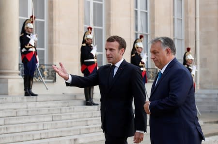 French President Emmanuel Macron meets with Hungarian Prime Minister Viktor Orban at the Elysee Palace in Paris