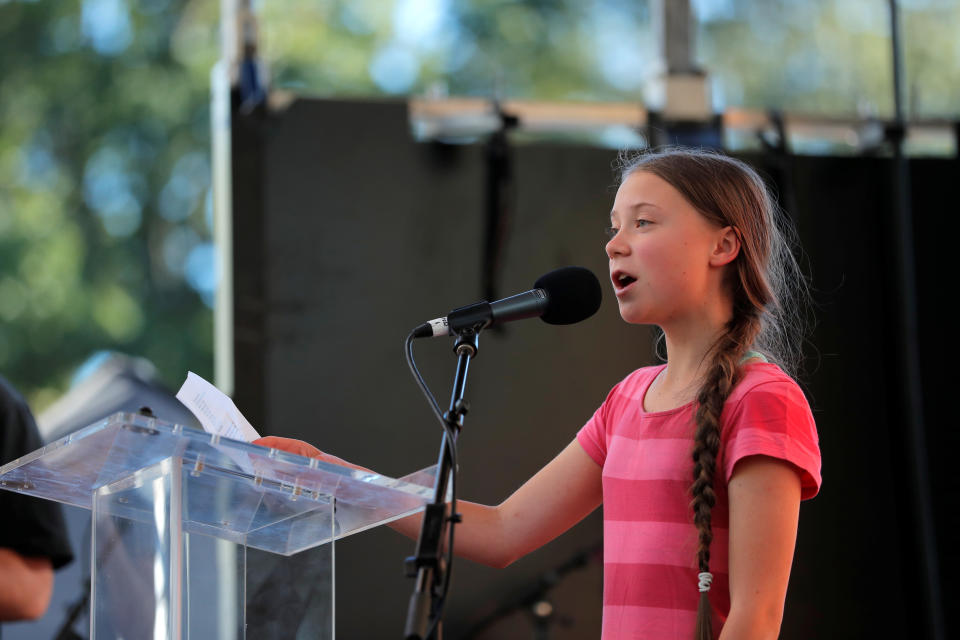 Sixteen year-old Swedish climate activist Greta Thunberg speaks to a large crowd of demonstrators at the Global Climate Strike in lower Manhattan in New York, U.S., September 20, 2019. REUTERS/Lucas Jackson