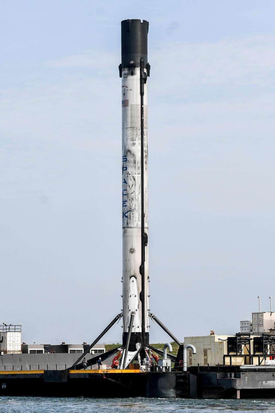 SpaceX booster B1060.1 is brought into Port Canaveral aboard the SpaceX drone ship Just Read The Instructions on July 4, 2020.