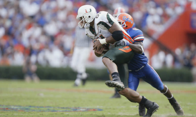 Former Miami tight end Kellen Winslow II attempts to break a tackle.